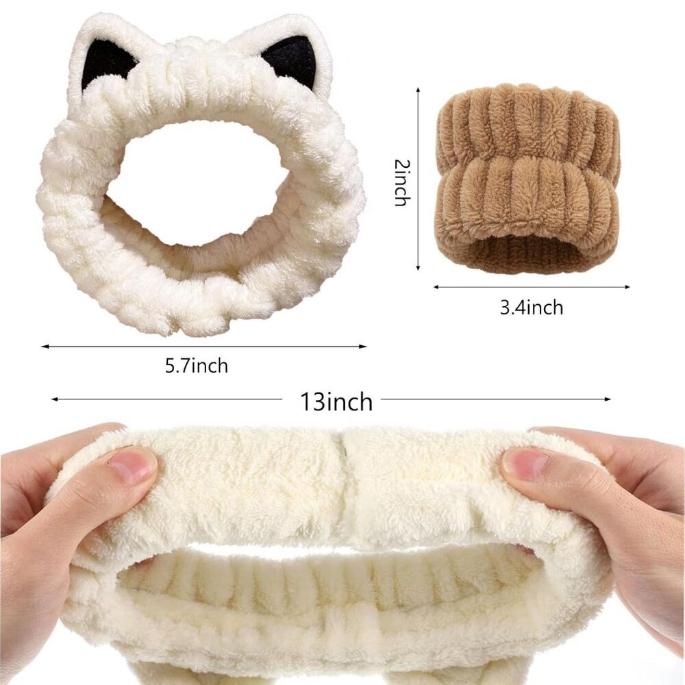 2 Pcs Cat Ears Headband Spa Headbands for Washing Face Khaki Beige Wristband - Picture 6 of 8